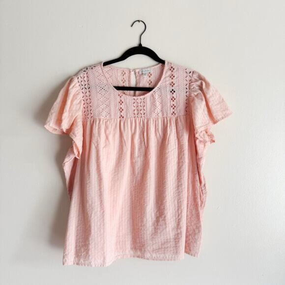 Ella Moss Pink Short Sleeve Eyelet Lace Ruffle Cotton Blouse - XXL - Picture 1 of 8